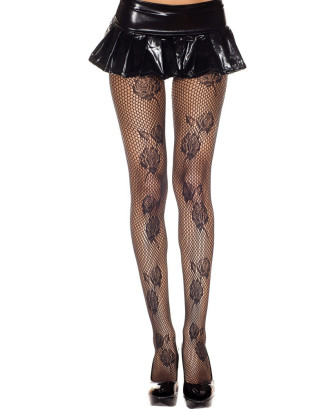 Collant noir resille motif fleuri 